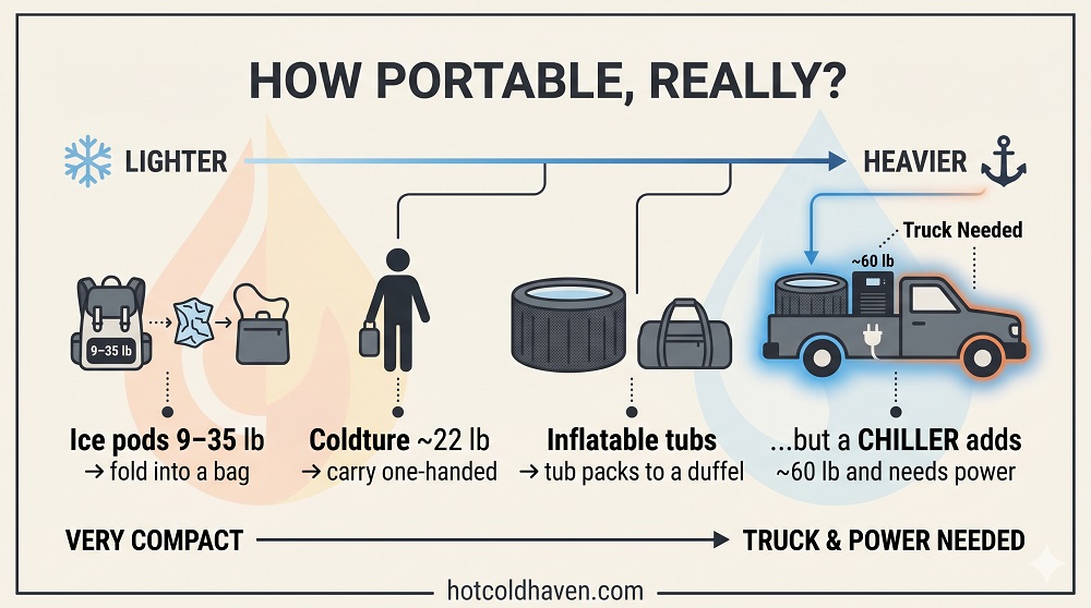 Infographic showing how portable each cold plunge type is by weight and packability