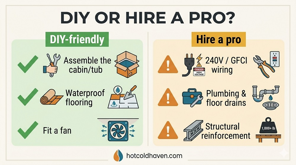 Infographic showing which recovery room tasks are DIY-friendly versus pro-only