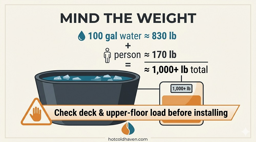 Infographic showing cold plunge water weight and floor-loading caution