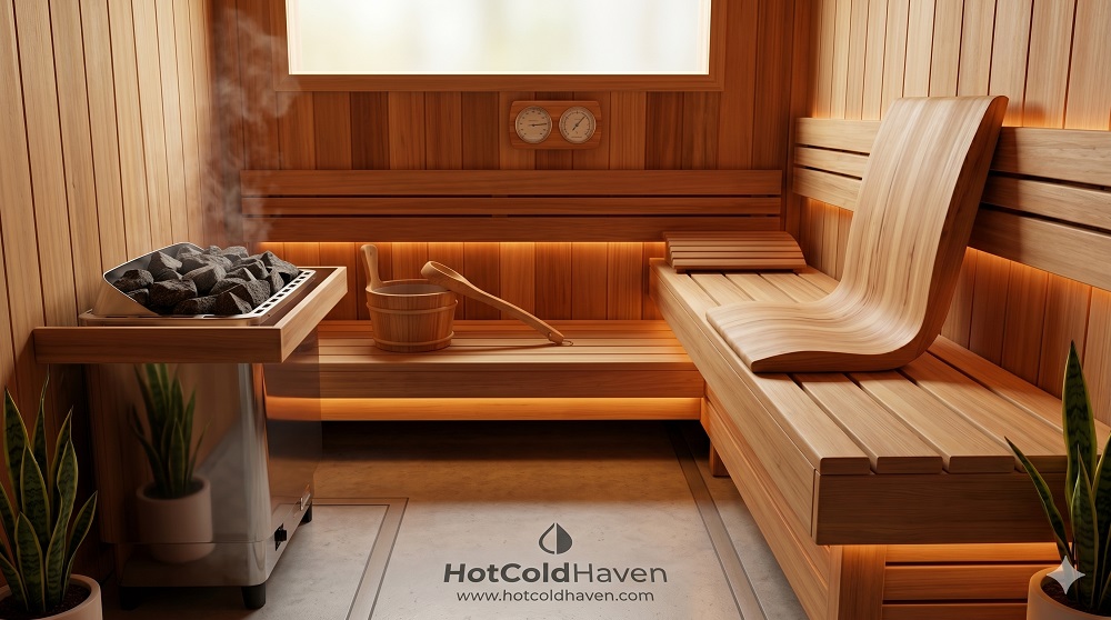 Interior of a cedar sauna with heater stones, bucket and ladle, backrest and thermometer