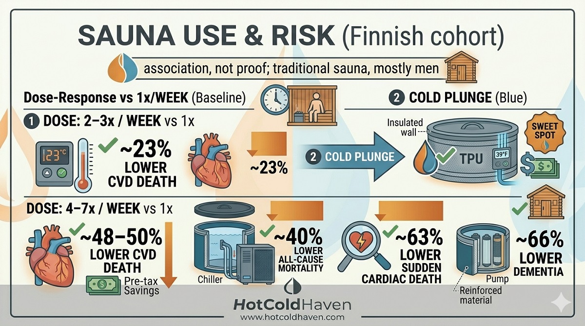 Infographic: sauna frequency and associated risk reductions from Finnish cohort studies