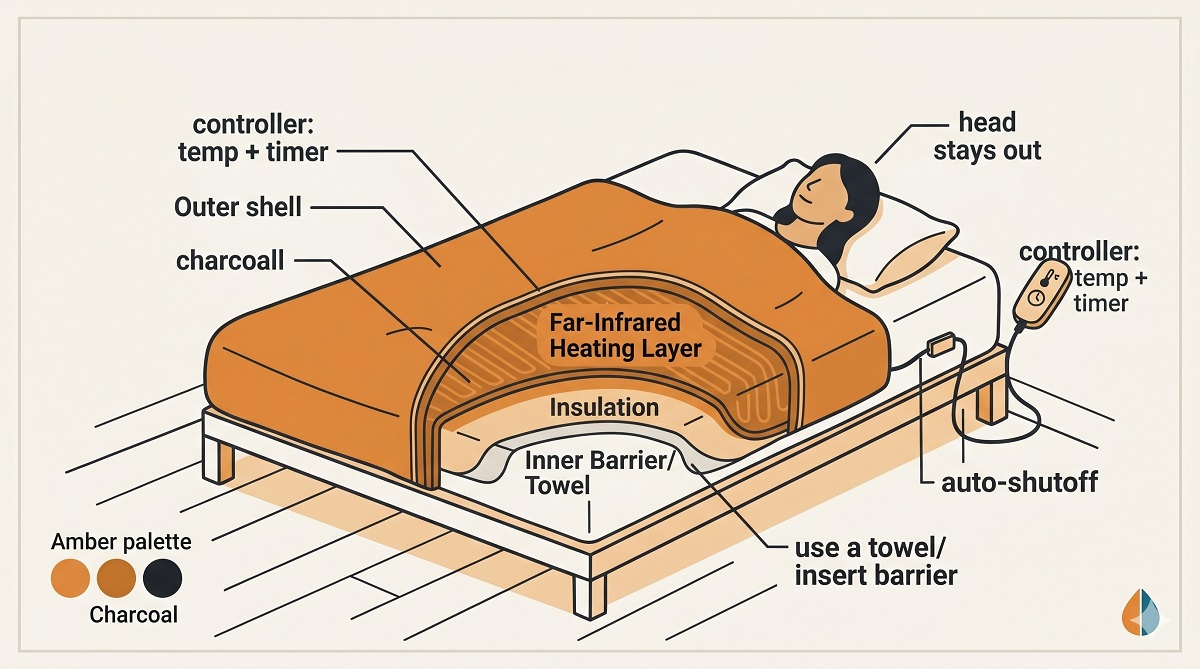 Cutaway of how an infrared sauna blanket works, with heating layer, barrier and safety features labelled - Best Infrared Sauna Blankets