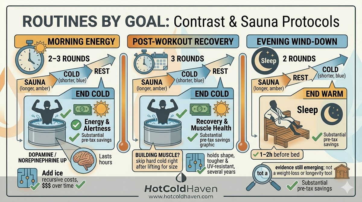 Three sauna-and-cold-plunge routines by goal: morning energy, post-workout recovery, evening wind-down