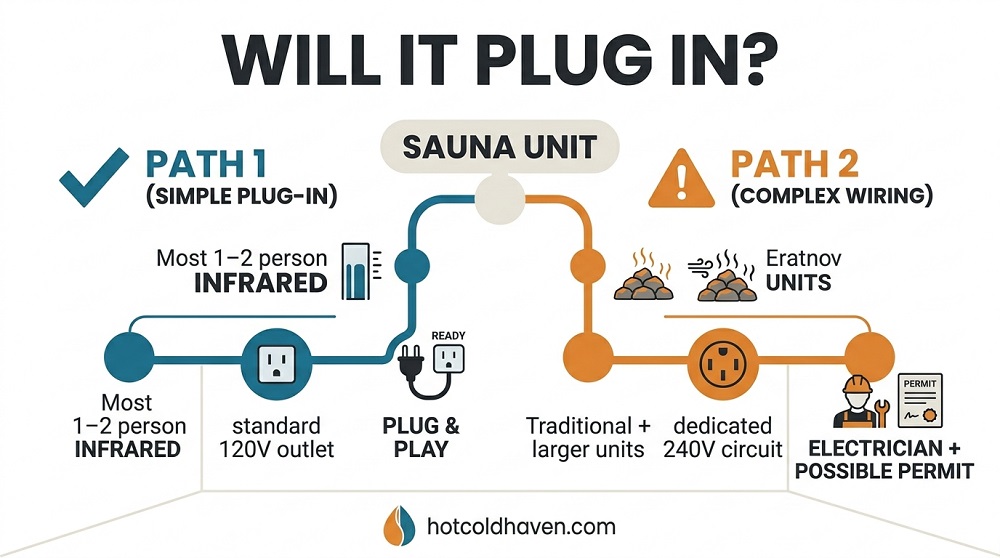Diagram of sauna electrical requirements: 120V plug-in versus dedicated 240V circuit