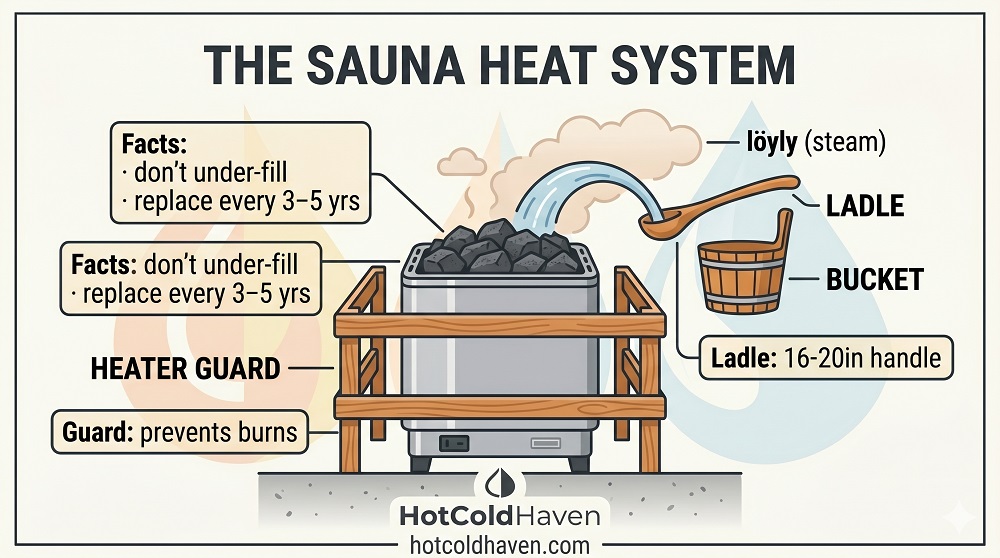 Diagram of the sauna heat system: heater stones, bucket and ladle, heater guard