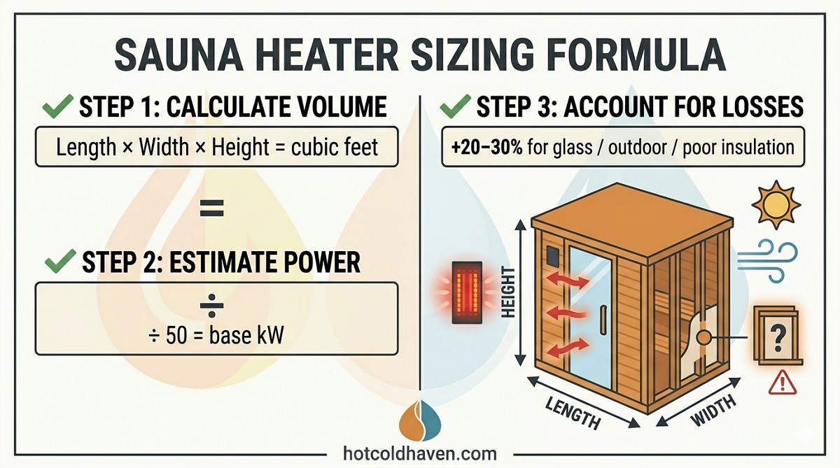 Sauna heater sizing formula infographic