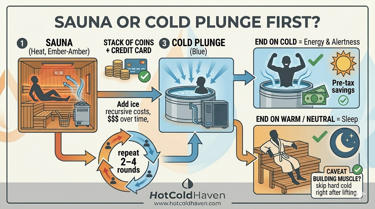 Flow showing sauna first then cold plunge, repeated, and what to end on for energy vs sleep