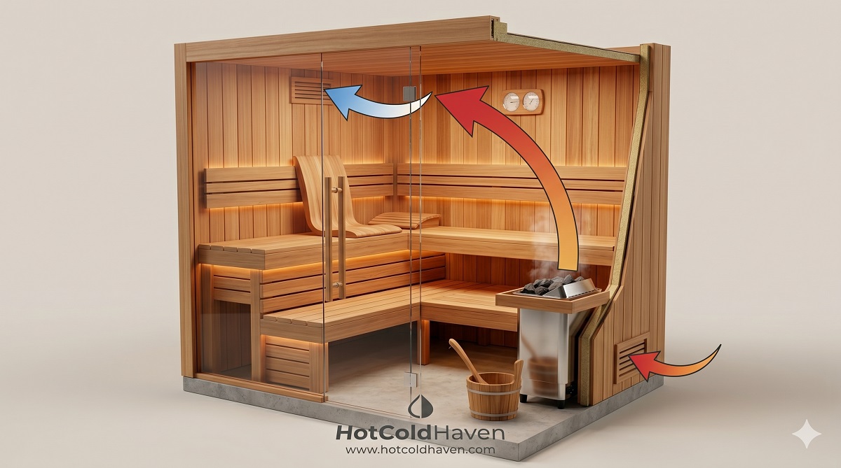 sauna room requirements Cutaway of a home sauna room showing heater, vents and benches
