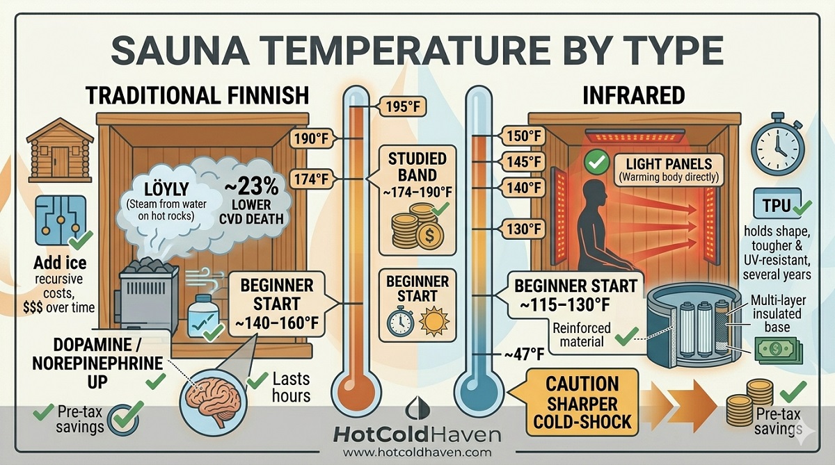 Sauna temperature ranges by type: traditional Finnish versus infrared, with beginner start points