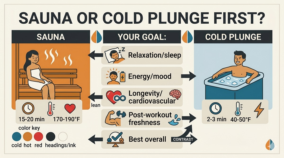 Decision guide for whether to buy a sauna or a cold plunge first, by goal