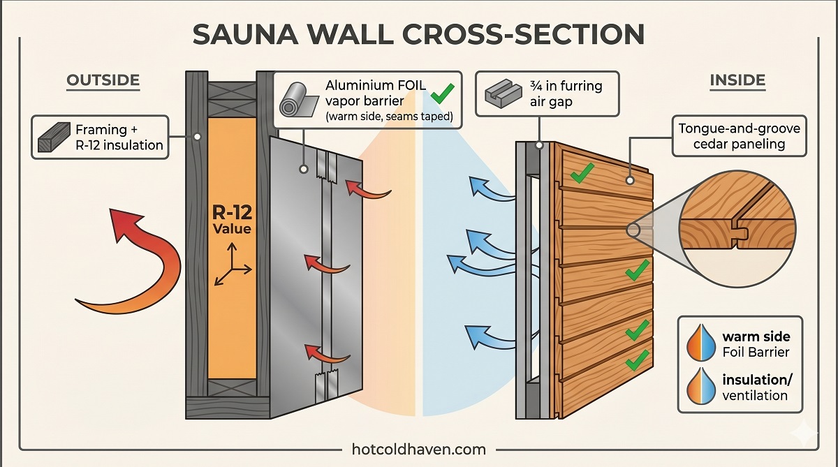 Cross-section of a sauna wall: insulation, foil vapor barrier, air gap, cedar paneling