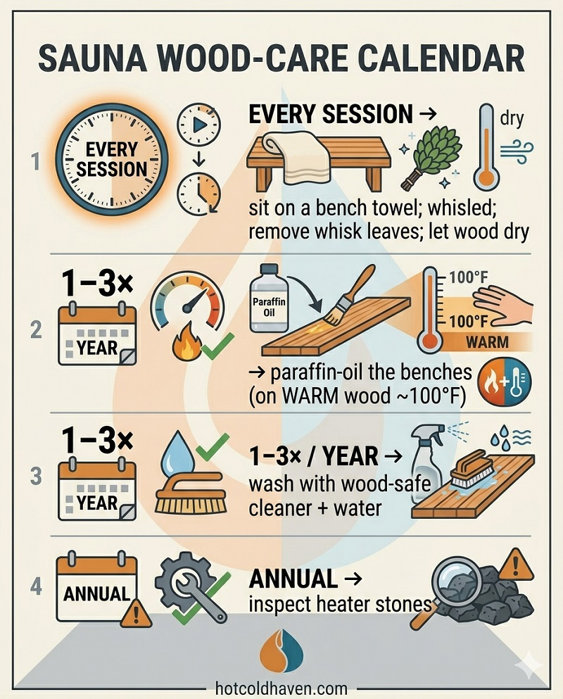 Infographic sauna wood-care calendar: bench towel each session, paraffin oil and wash 1-3x a year, annual stone check