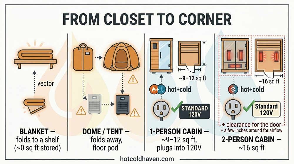 Infographic showing small-space sauna formats by footprint: blanket, dome, 1-person cabin, 2-person cabin
