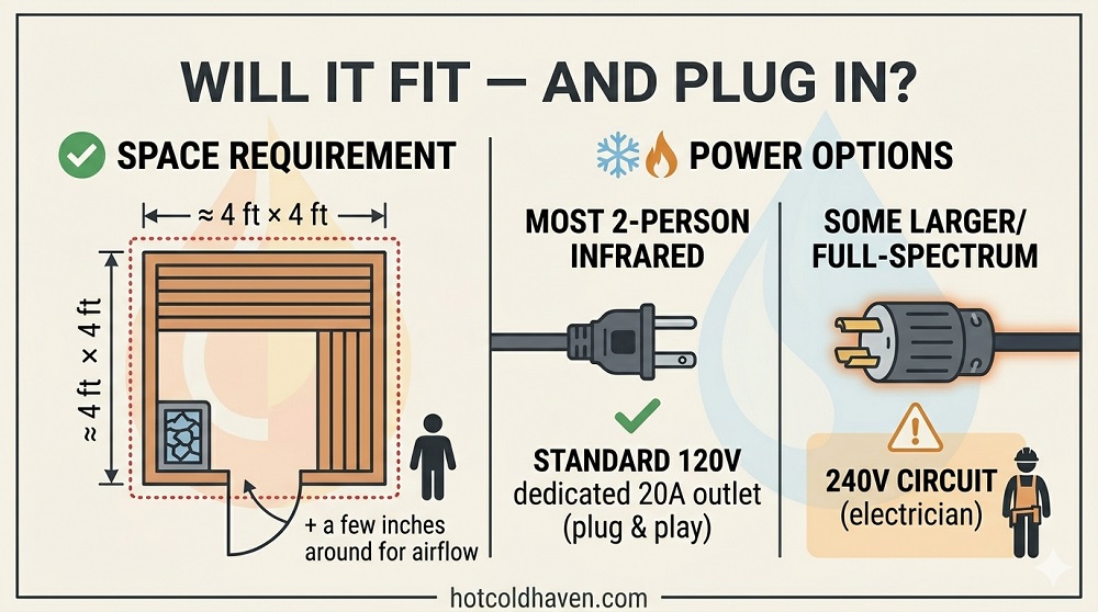 Infographic of 2-person infrared sauna footprint and power requirements