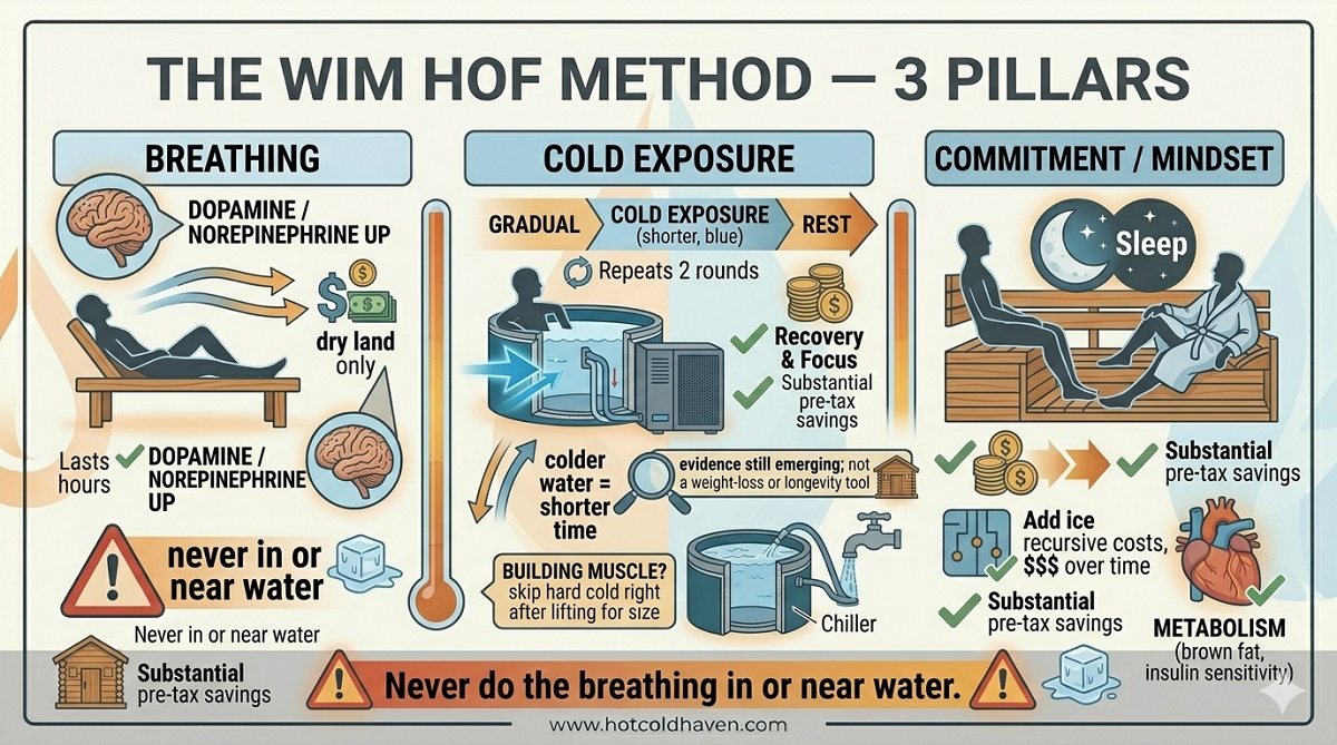 The three pillars of the Wim Hof Method with a safety warning never to do the breathing in or near water